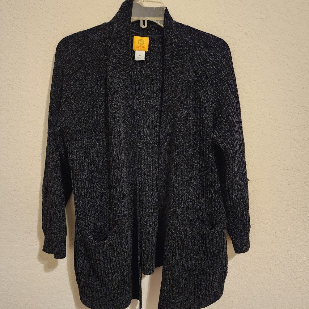 Ruby Rd Womens XL Black Grey Chenille Open Front Cardigan Sweater Marled Knit